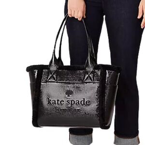 Kate Spade Large Tote Bag Faux Shearling KES17 New  16x12x6” Black Patent Logo